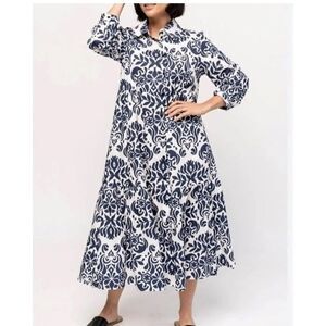 Zara Navy White Damask Print A-Line Midi Shirt
Dress size small-i8